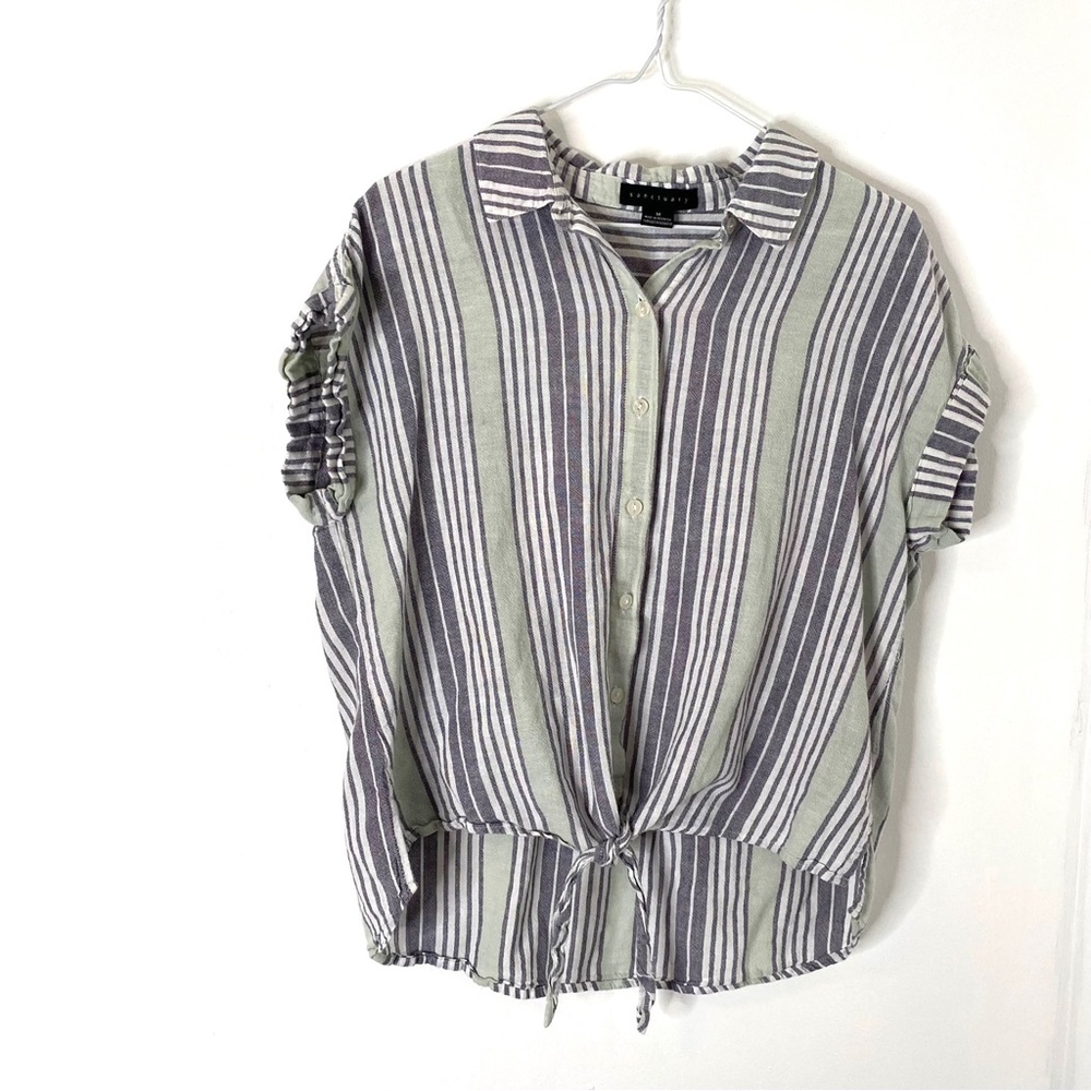 Sanctuary Linen Blend Blue Green Stripe Tie Front Cuffed Sleeve Button Shirt